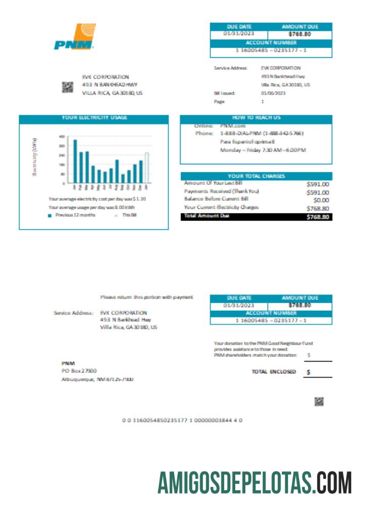 Projeto de lei comercial de serviços públicos fácil de preencher PNM do Novo México, SCR exemplo